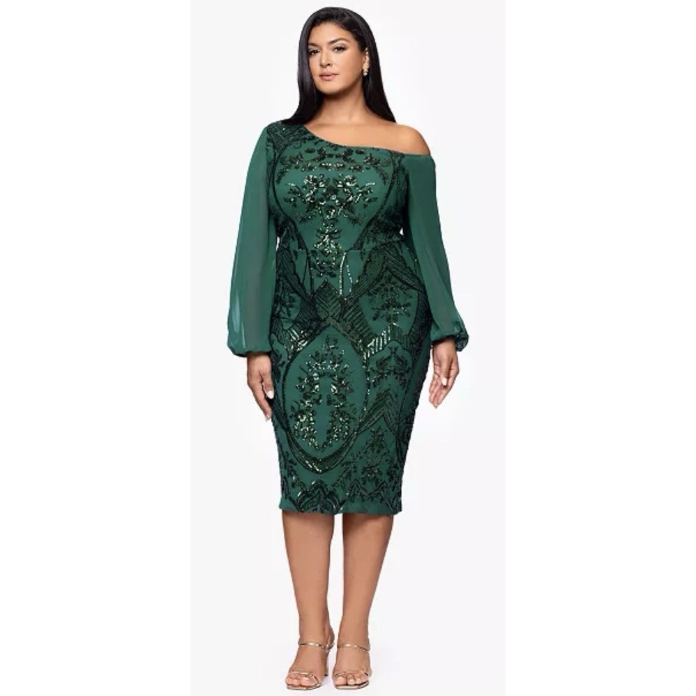 B&A By Betsy and Adam Plus Size Green Sequin Off Shoulder Sheath Dress Size 20W